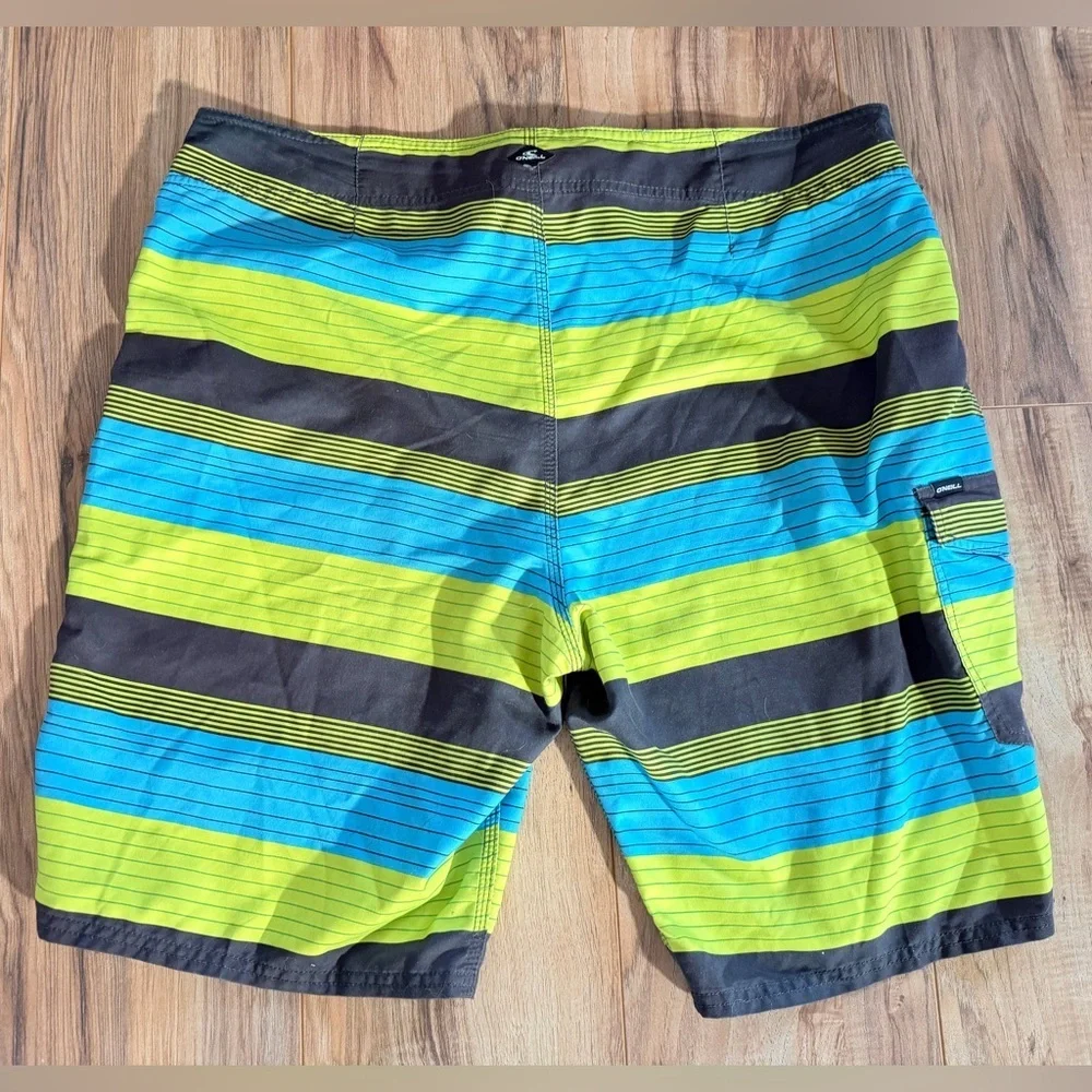 O'Neill Men's Blue and Green Striped Board Shorts Size 38